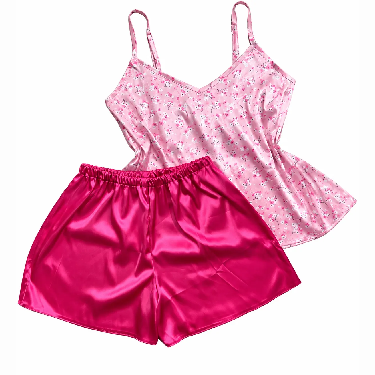 ست تاپ و شلوارک ساتن زنانه طرح شکوفه